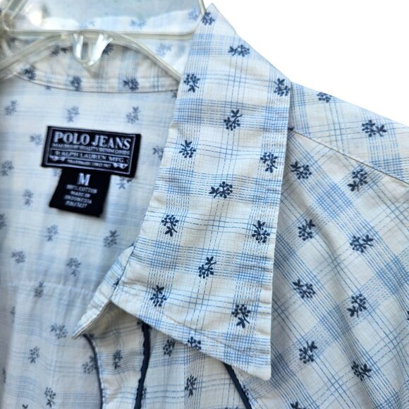 Ralph Lauren Polo Jeans Western Pearl Snap Shirt M Blue White Short Sleeve Y2K - Picture 5 of 11